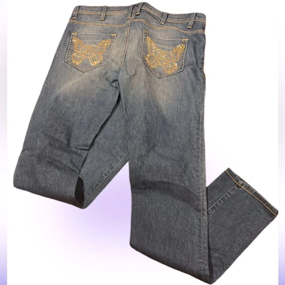 2 B Bebe boot cut rhinestone bling pockets straight skinny jeans Sz